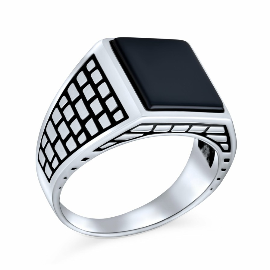 Shop Men Bling Jewelry Mens Engravable Rings | Mens Brick Accent Gemstone Statement Rectangle Signet Ring Black Onyx