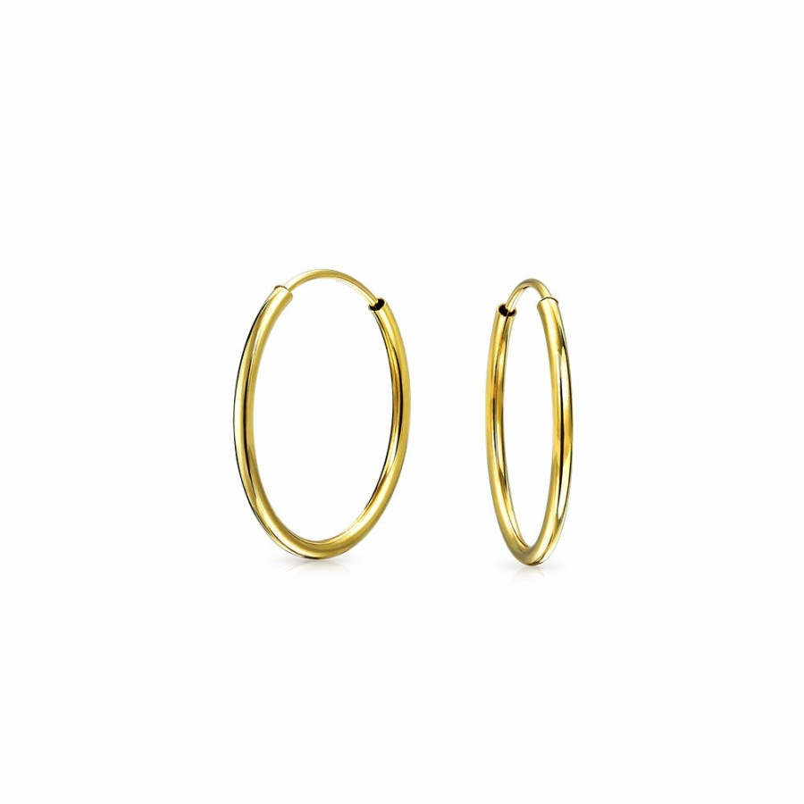 Shop Women Bling Jewelry Hoops Huggies Earrings | Minimalist Tiny Real 14K Yellow Gold Thin Tube Endless Hoop Earrings