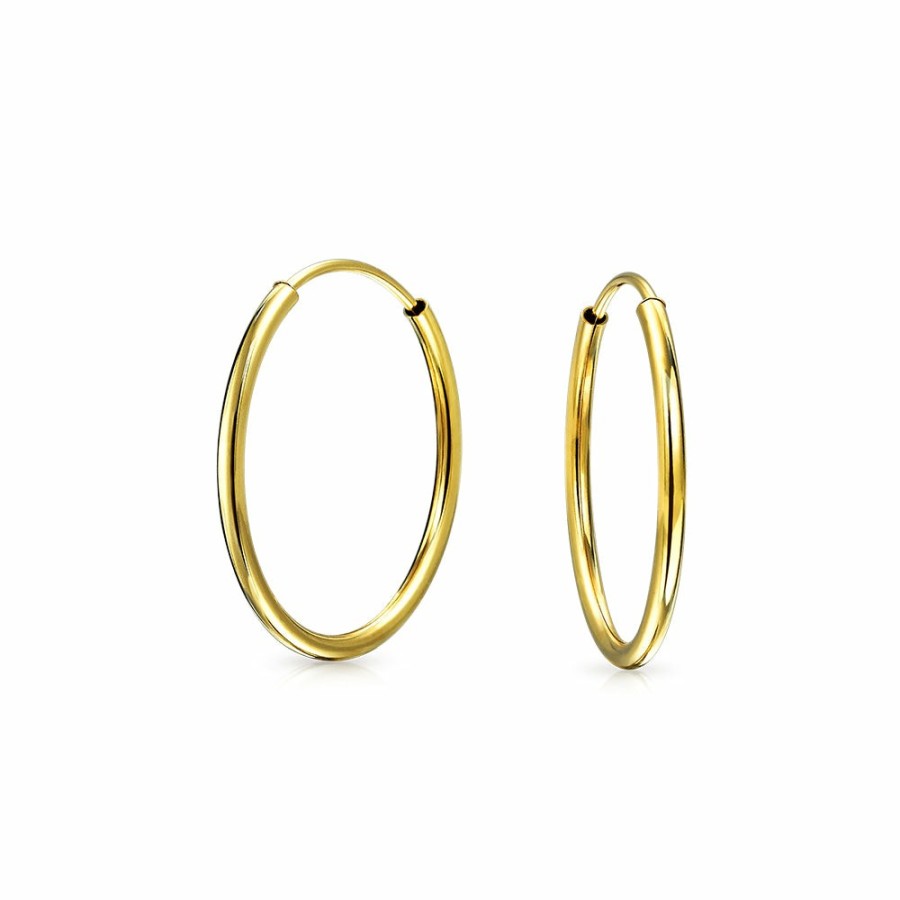 Shop Women Bling Jewelry Hoops Huggies Earrings | Minimalist Tiny Real 14K Yellow Gold Thin Tube Endless Hoop Earrings