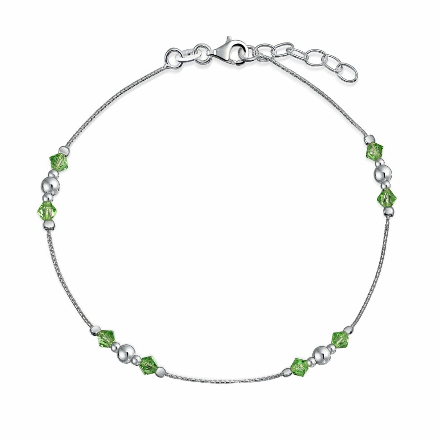 Shop Women Bling Jewelry Delicate Bracelets | Lime Green Crystal Bead Anklet Sterling Silver Ball Bead 9-10 Inch