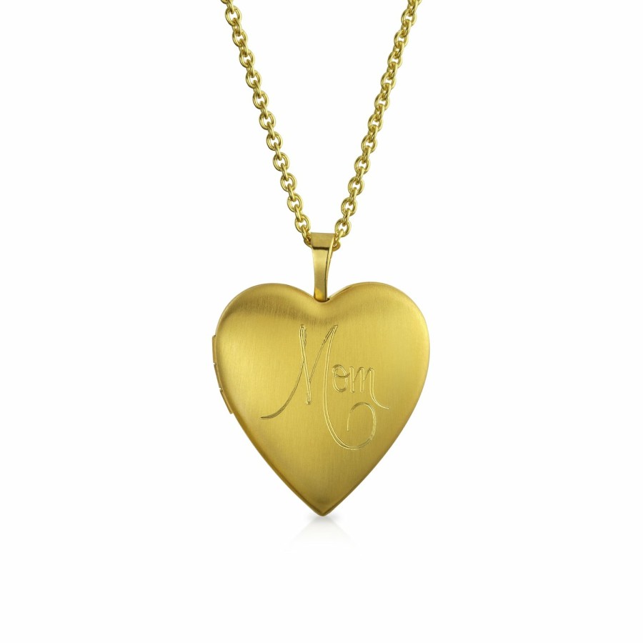 Shop Women Bling Jewelry Engravable Necklaces | Mom Heart 14K Plated Gold Locket Necklace Holds Pictures Photos Gold-Tone