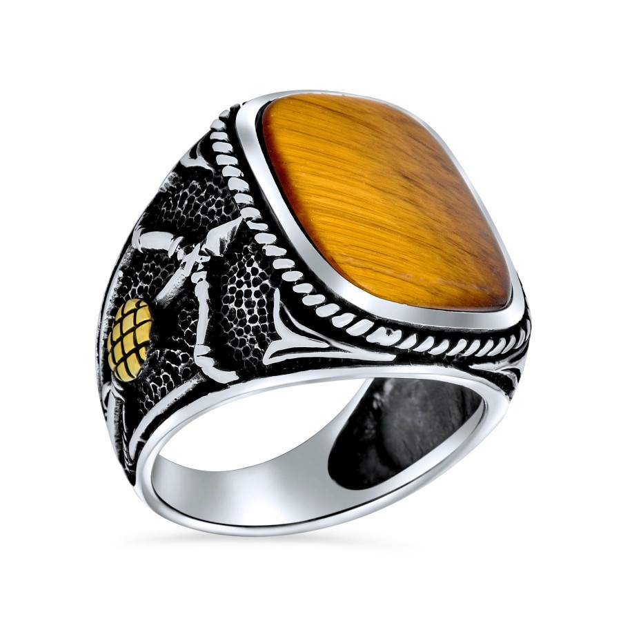 Shop Men Bling Jewelry Mens Engravable Rings | Men'S Brown Gemstone Tiger Eye Archery Bow Arrow Ring Sterling Silver Brown Tigers Eye