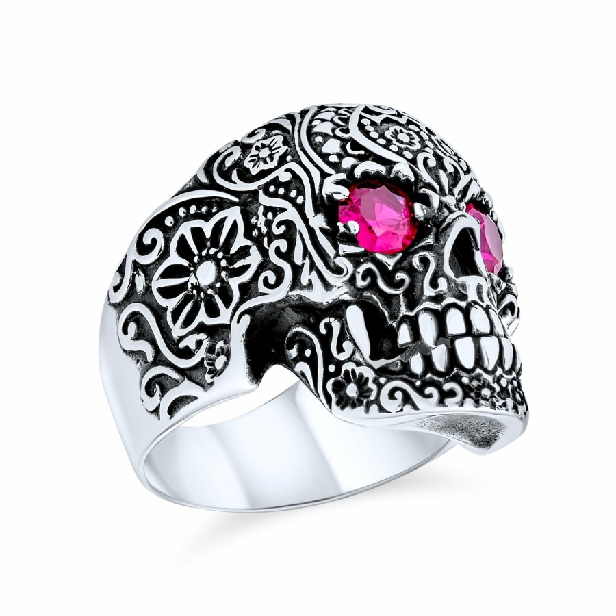 Shop Men Bling Jewelry Mens Rings | Big Day Of Dead Caribbean Pirate Red Cz Eyes Skull Head Ring