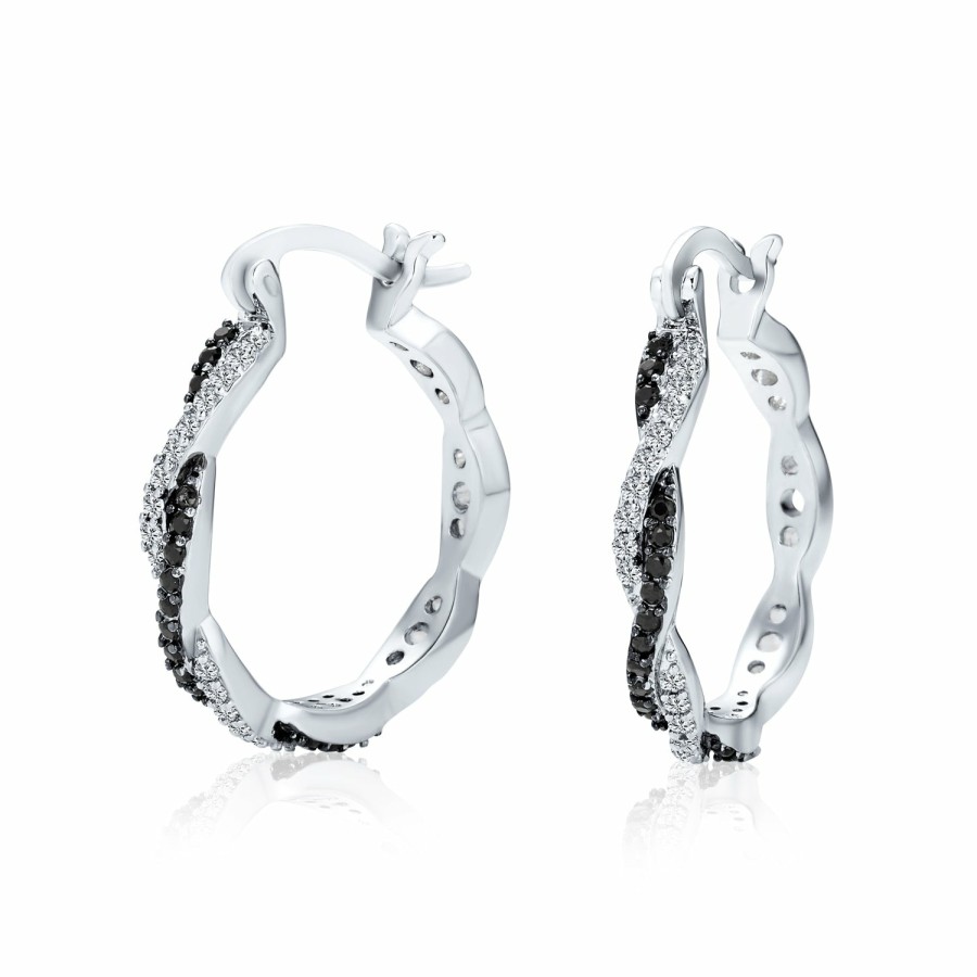 Shop Women Bling Jewelry Hoops Huggies Earrings | Black White Twist Bridal Pave Cz Big Hoop Earrings Silver Plated