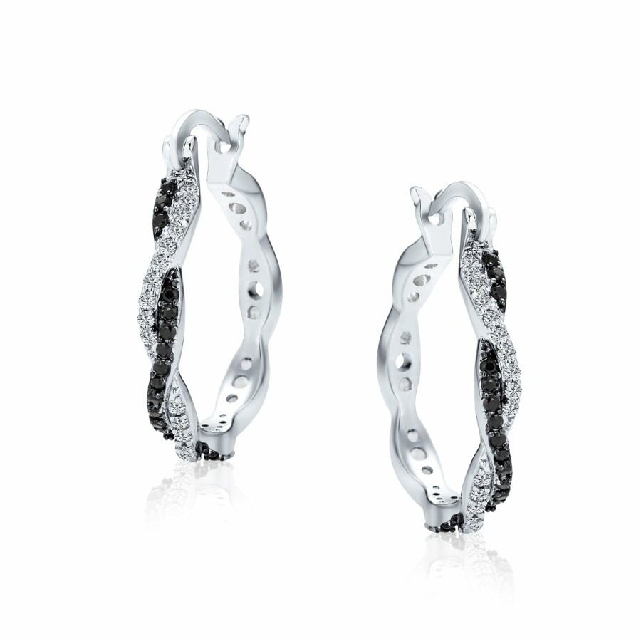 Shop Women Bling Jewelry Hoops Huggies Earrings | Black White Twist Bridal Pave Cz Big Hoop Earrings Silver Plated