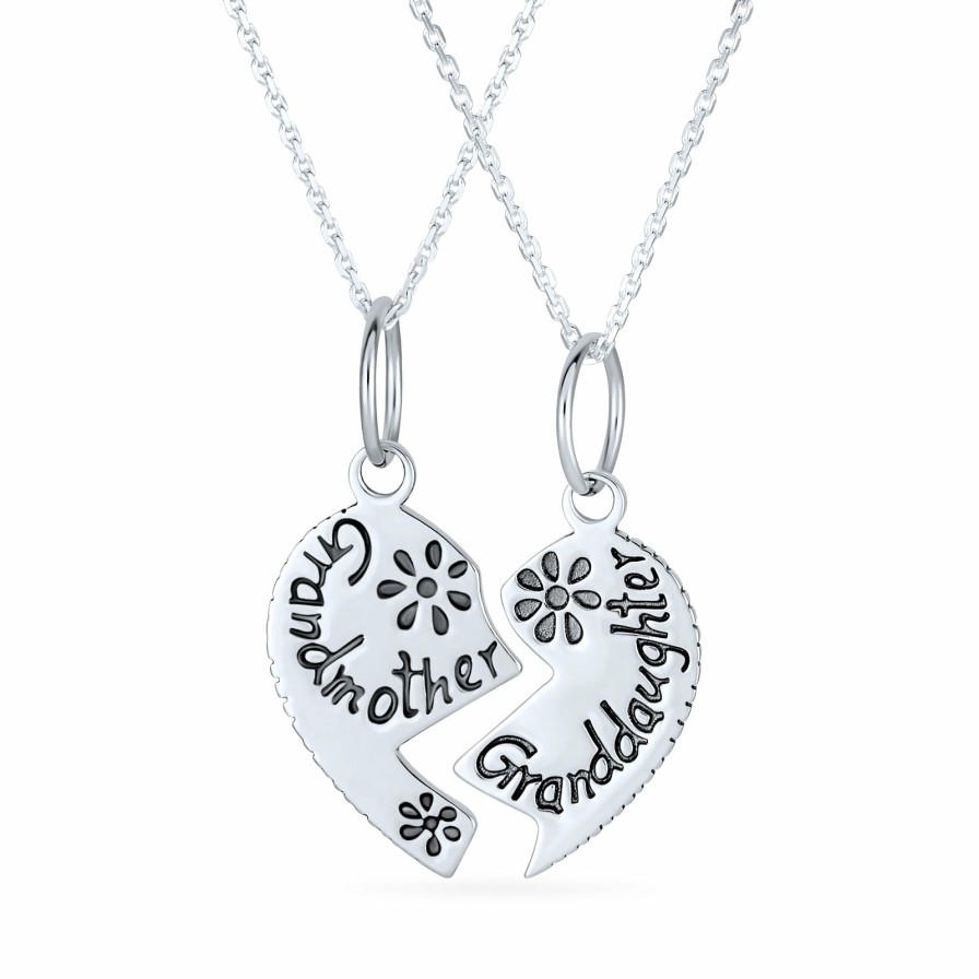 Shop Women Bling Jewelry Pendant Necklaces | Grandmother Granddaughter Split Broken Heart Sterling Necklace Silver