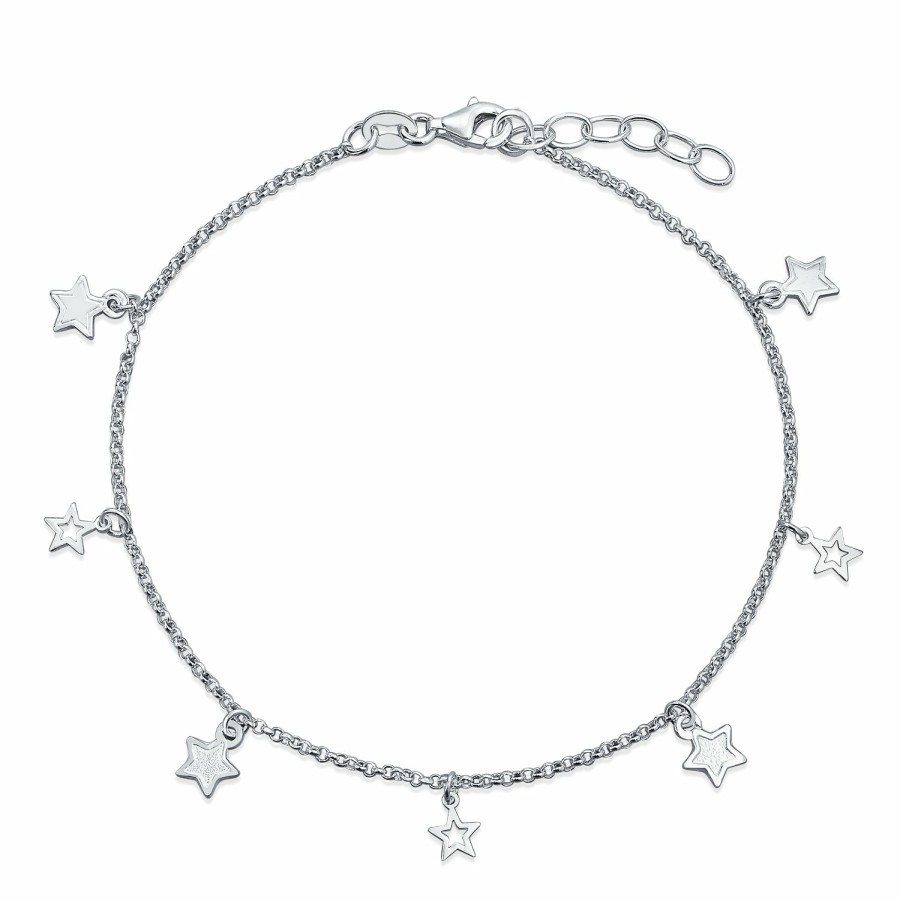 Shop Women Bling Jewelry Delicate Bracelets | Patriotic Multi Star Dangle Rolo Chain Anklet Charm Sterling