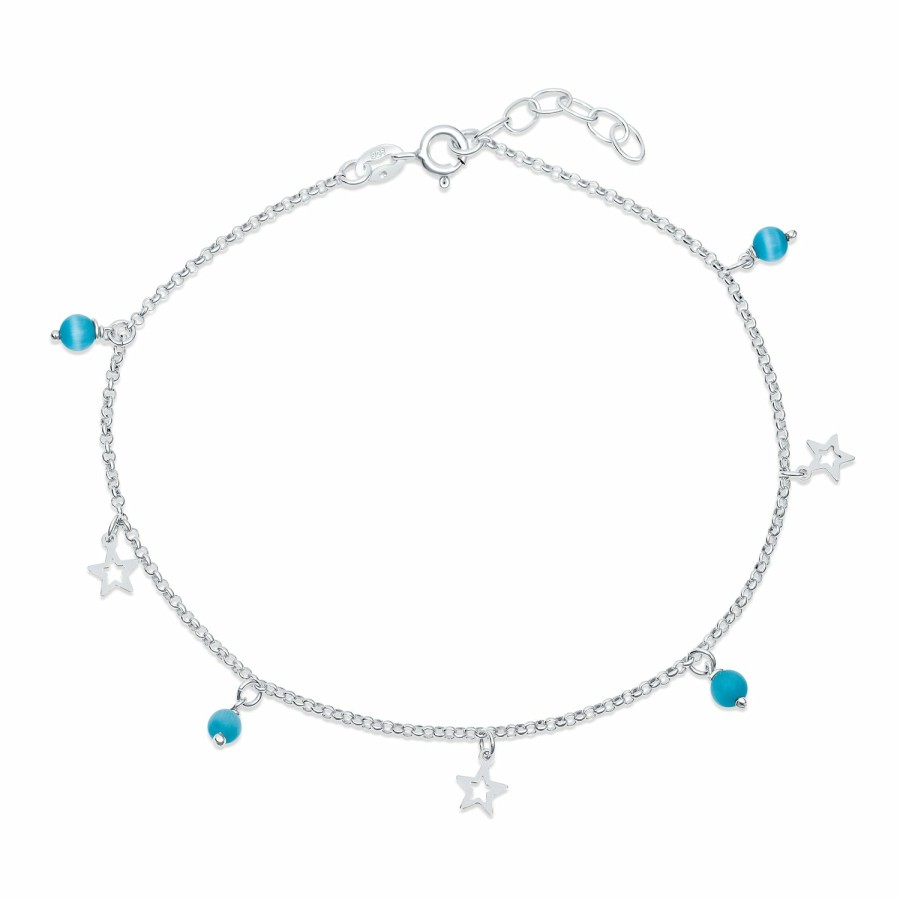 Shop Women Bling Jewelry Delicate Bracelets | Patriotic Multi Star Dangle Rolo Chain Anklet Charm Sterling