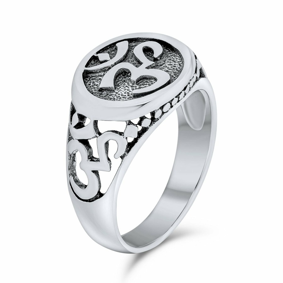 Shop Women Bling Jewelry Engravable Rings | Spiritual Symbol Sanskrit Aum Ohm Om Signet Ring .925 Sterling Silver