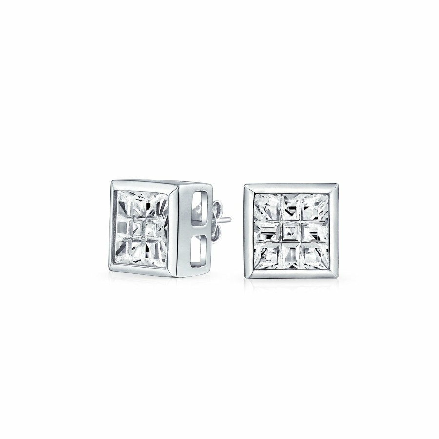 Shop Men Bling Jewelry Mens Earrings | Aaa Cz Cubic Zirconia Bezel Set Invisible Checkboard Cut Stud Earrings