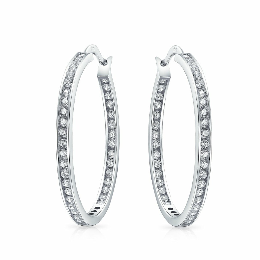 Shop Women Bling Jewelry Hoops Huggies Earrings | Solitaire Channel Set In Side Out Cz Hoop Earrings Sterling Silver