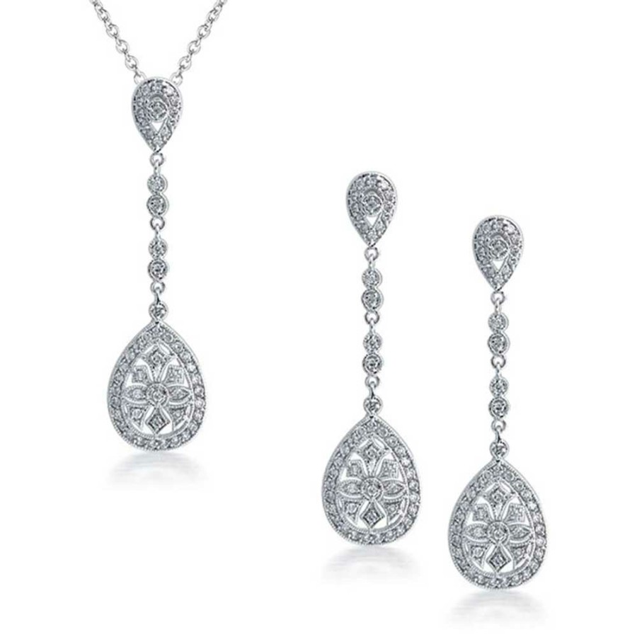 Shop Women Bling Jewelry Pendant Necklaces | Pave Crystal Teardrop Pendant Earring Set Silver Plating Necklace