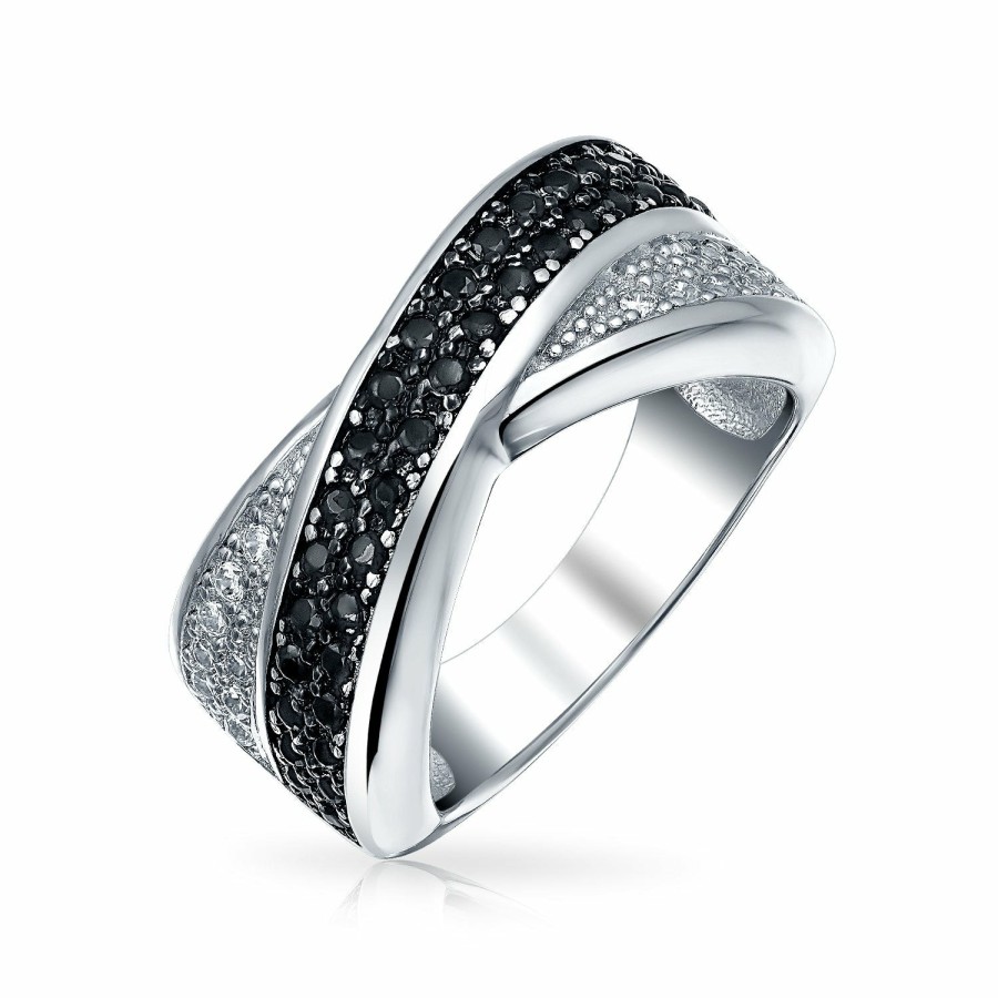 Shop Women Bling Jewelry Engravable Rings | Two Tone Black White Cz Criss-Cross X Band Ring .925 Sterling Silver