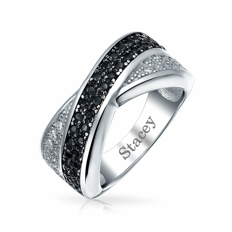 Shop Women Bling Jewelry Engravable Rings | Two Tone Black White Cz Criss-Cross X Band Ring .925 Sterling Silver