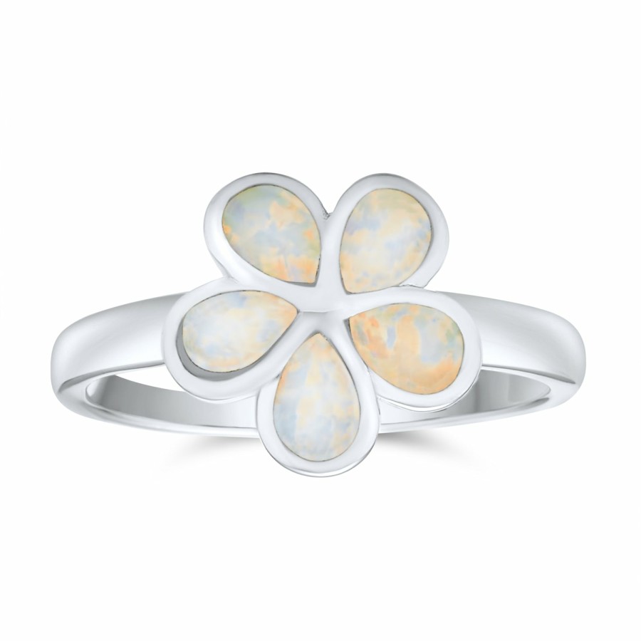 Shop Women Bling Jewelry Unique Rings | White Created Opal Hawaiian Plumeria Flower Ring .925 Sterling Silver