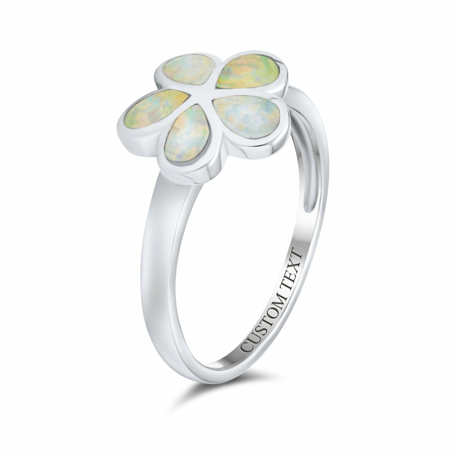 Shop Women Bling Jewelry Unique Rings | White Created Opal Hawaiian Plumeria Flower Ring .925 Sterling Silver