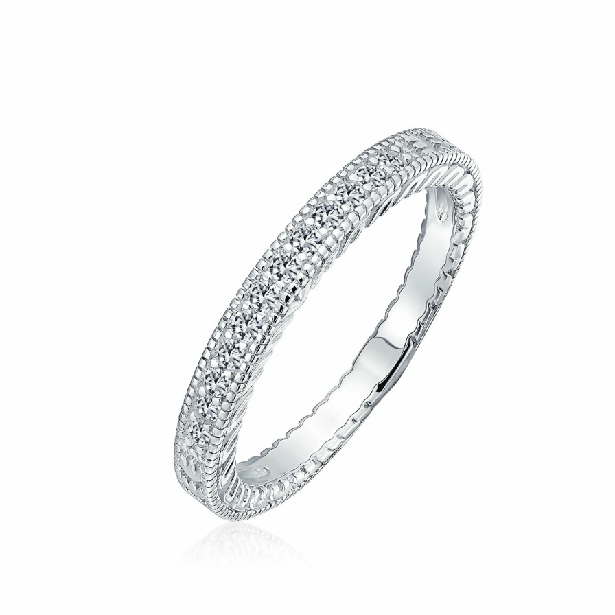 Shop Women Bling Jewelry Engravable Rings | Pave Aaa Cz Thin Wedding Band Ring Etched Milgrain .925 Sterling Silver