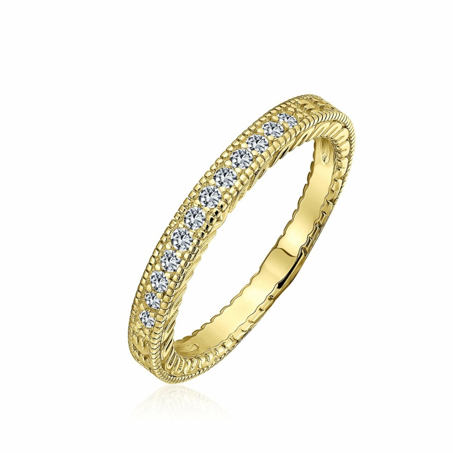 Shop Women Bling Jewelry Engravable Rings | Pave Aaa Cz Thin Wedding Band Ring Etched Milgrain .925 Sterling Silver