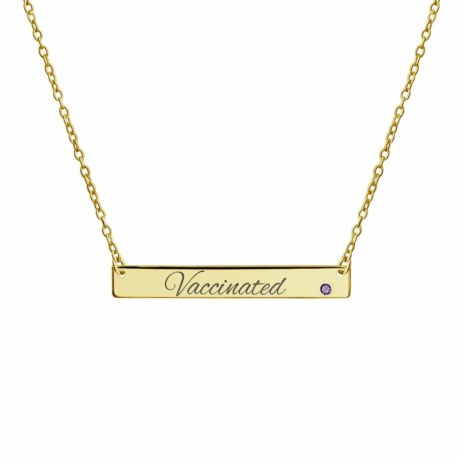 Shop Women Bling Jewelry Engravable Necklaces | Vaccinated Horizontal Name Plate Bar Gold Plated Crystal Birthstone