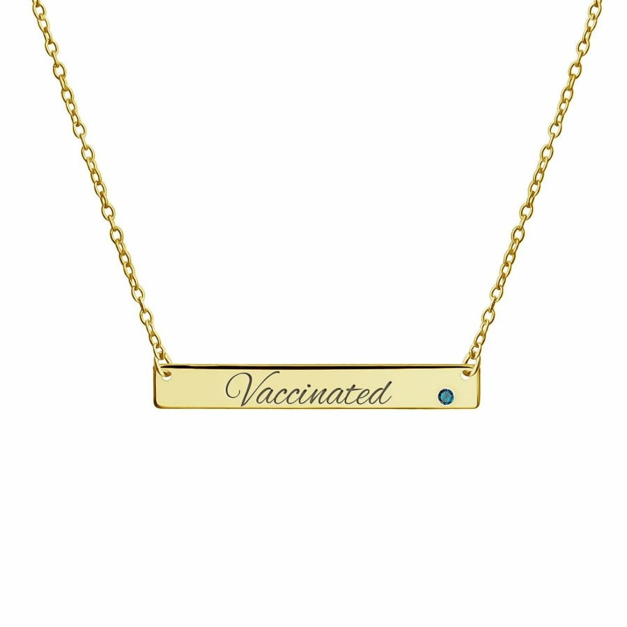 Shop Women Bling Jewelry Engravable Necklaces | Vaccinated Horizontal Name Plate Bar Gold Plated Crystal Birthstone