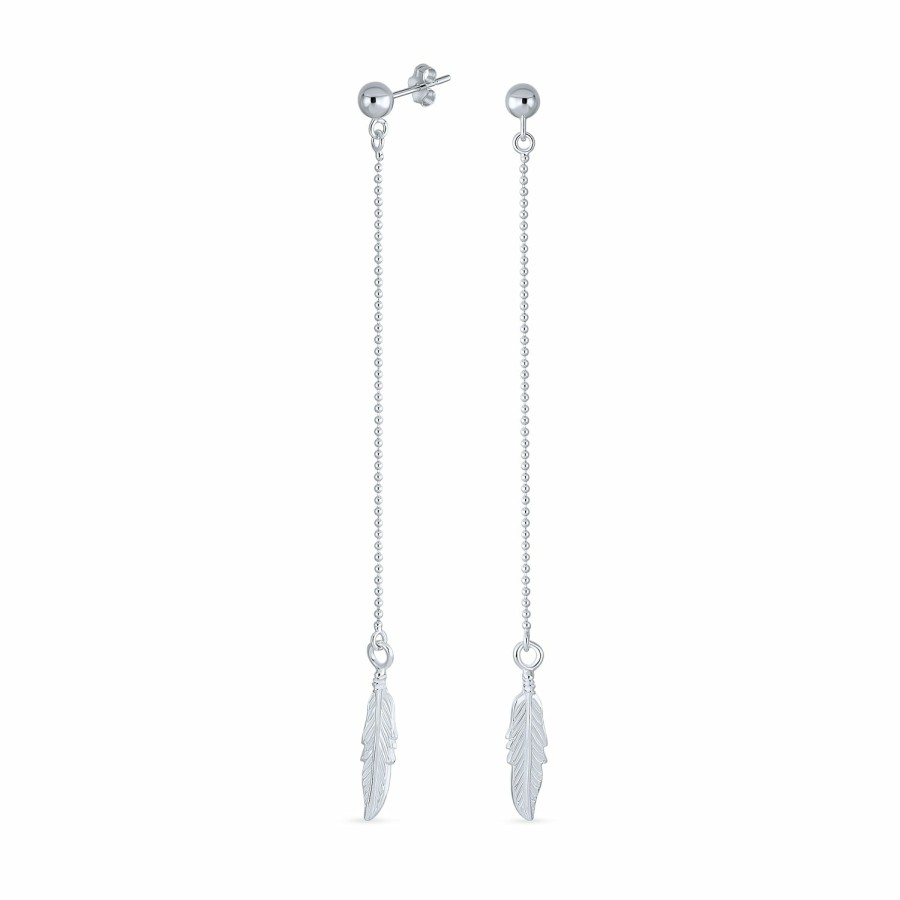 Shop Women Bling Jewelry Dangle Drop Earrings | Western Long Bead Ball Chain Boho Feather Leaf Earrings Sterling Silver