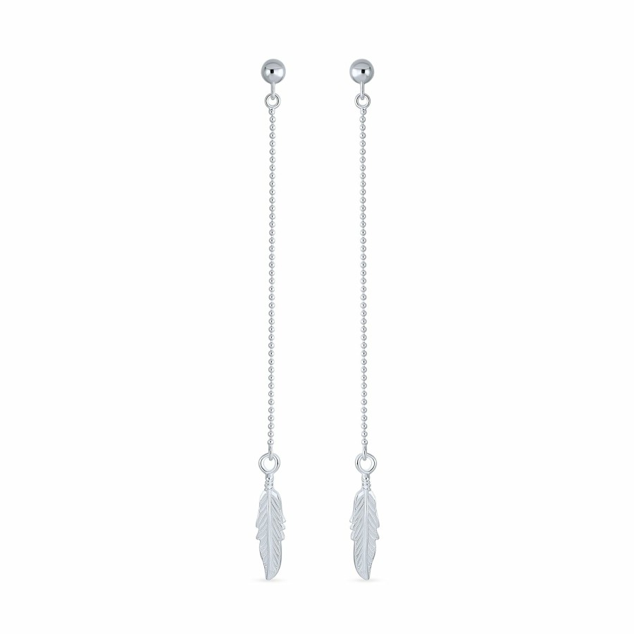 Shop Women Bling Jewelry Dangle Drop Earrings | Western Long Bead Ball Chain Boho Feather Leaf Earrings Sterling Silver