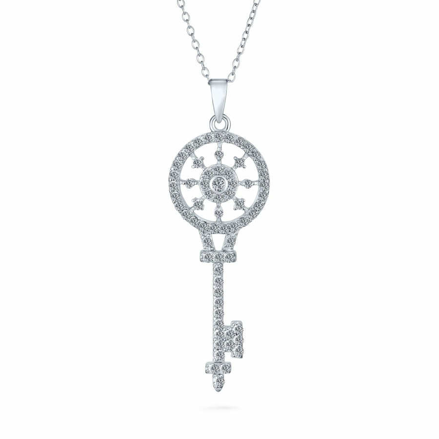 Shop Women Bling Jewelry Pendant Necklaces | Vintage Victorian Style Sunburst Key Pendant Pave Cz Silver Necklace