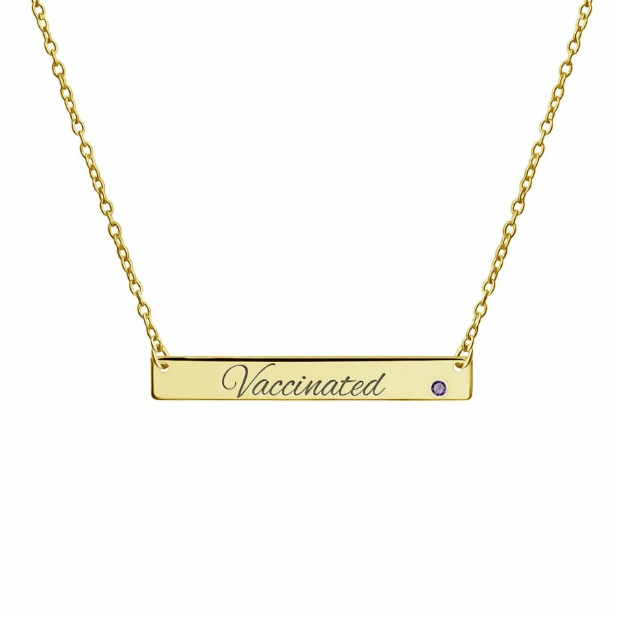 Shop Women Bling Jewelry Delicate Pendant Necklaces | Vaccinated Horizontal Name Plate Bar Gold Plated Crystal Birthstone