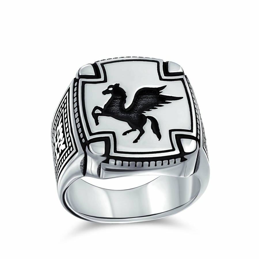 Shop Men Bling Jewelry Mens Engravable Rings | Mens Greek Horse Pegasus Signet Ring Oxidized .925Sterling Silver