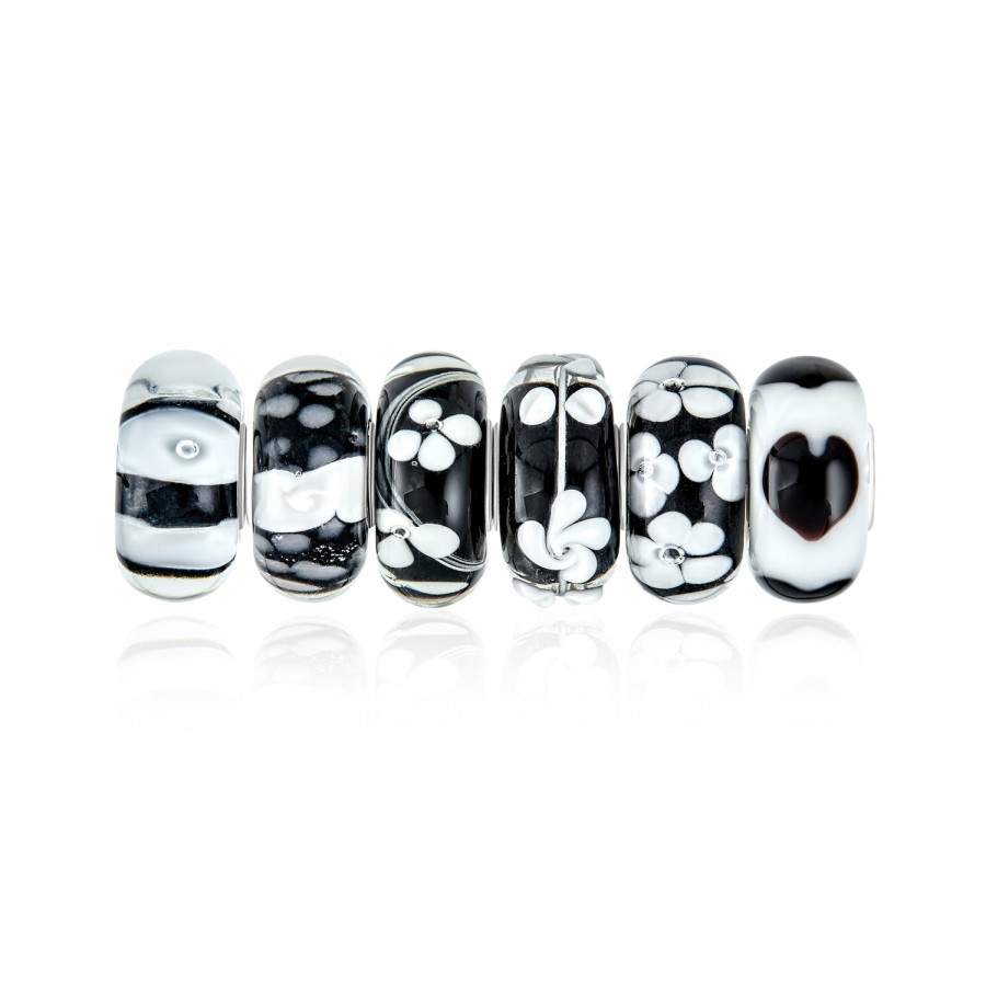 Shop Women Bling Jewelry Flower Beads | Black White Murano Glass Bead Charm Spot Bundle Set Sterling Silver