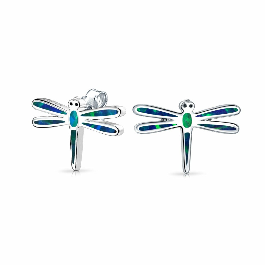 Shop Women Bling Jewelry | Blue Created Opal Garden Dragonfly Stud Earrings .925 Sterling Silver