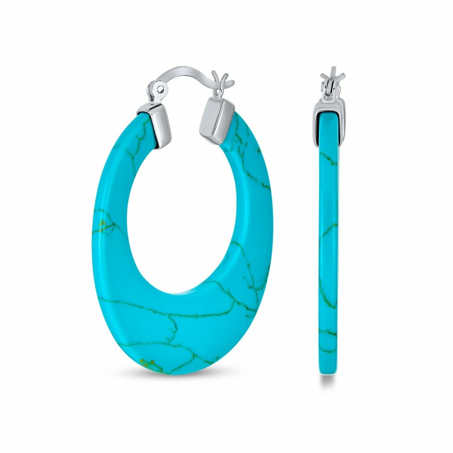 Shop Women Bling Jewelry Hoops Huggies Earrings | Turquoise Gemstone Round Flat Hoop Western Earrings Sterling Silver