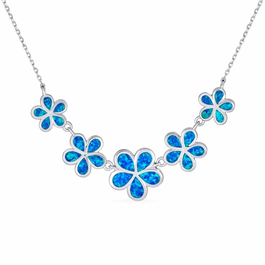 Shop Women Bling Jewelry Pendant Necklaces | Blue Opal Hawaiian Flower Plumeria Statement Necklace .925 Silver