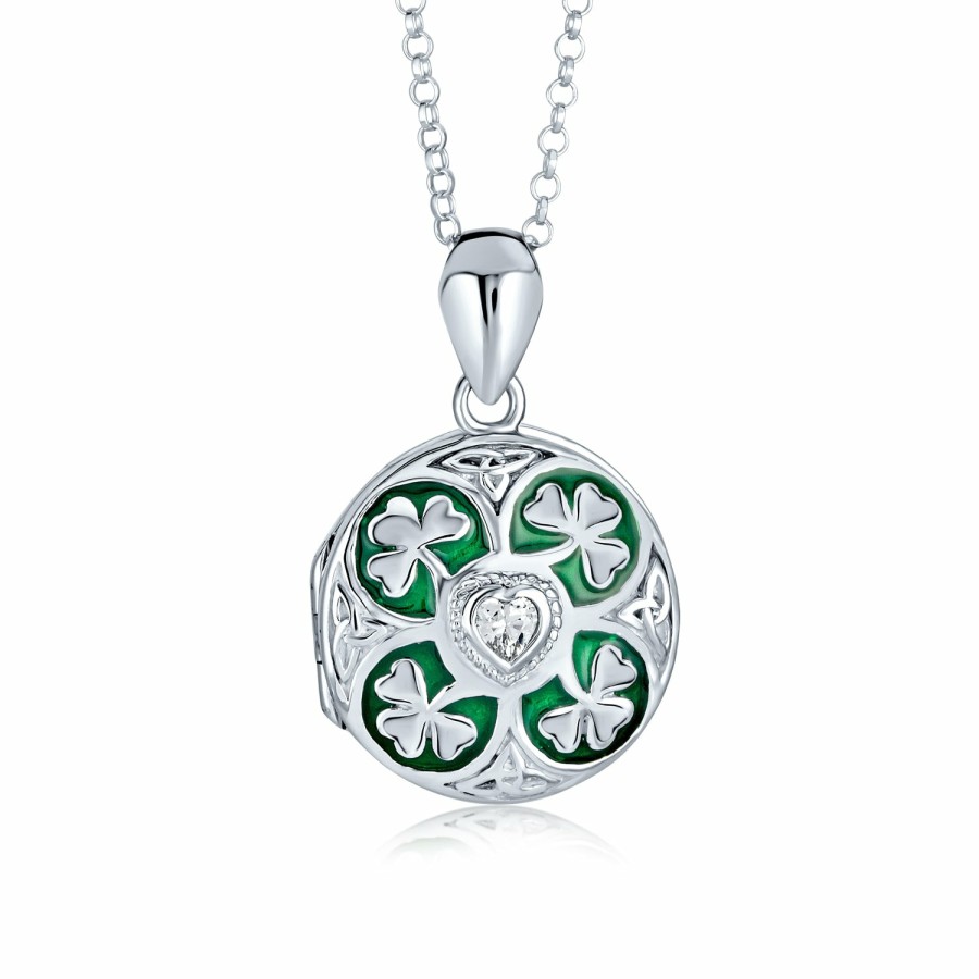 Shop Women Bling Jewelry Engravable Necklaces | Shamrock Clover Celtic Photo Round Claddagh Locket 925 Sterling Silver