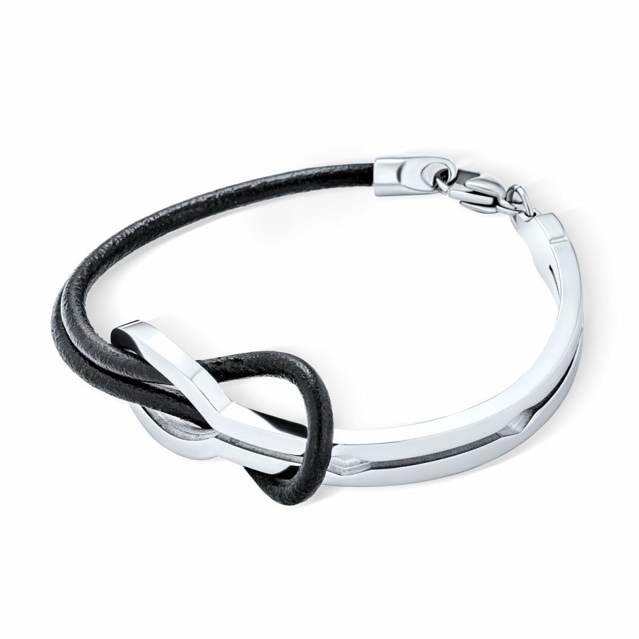 Shop Women Bling Jewelry Wrap Stretch Bracelets | Infinity Knot Bangle Bracelet Two Tone Black Leather Stainless Steel