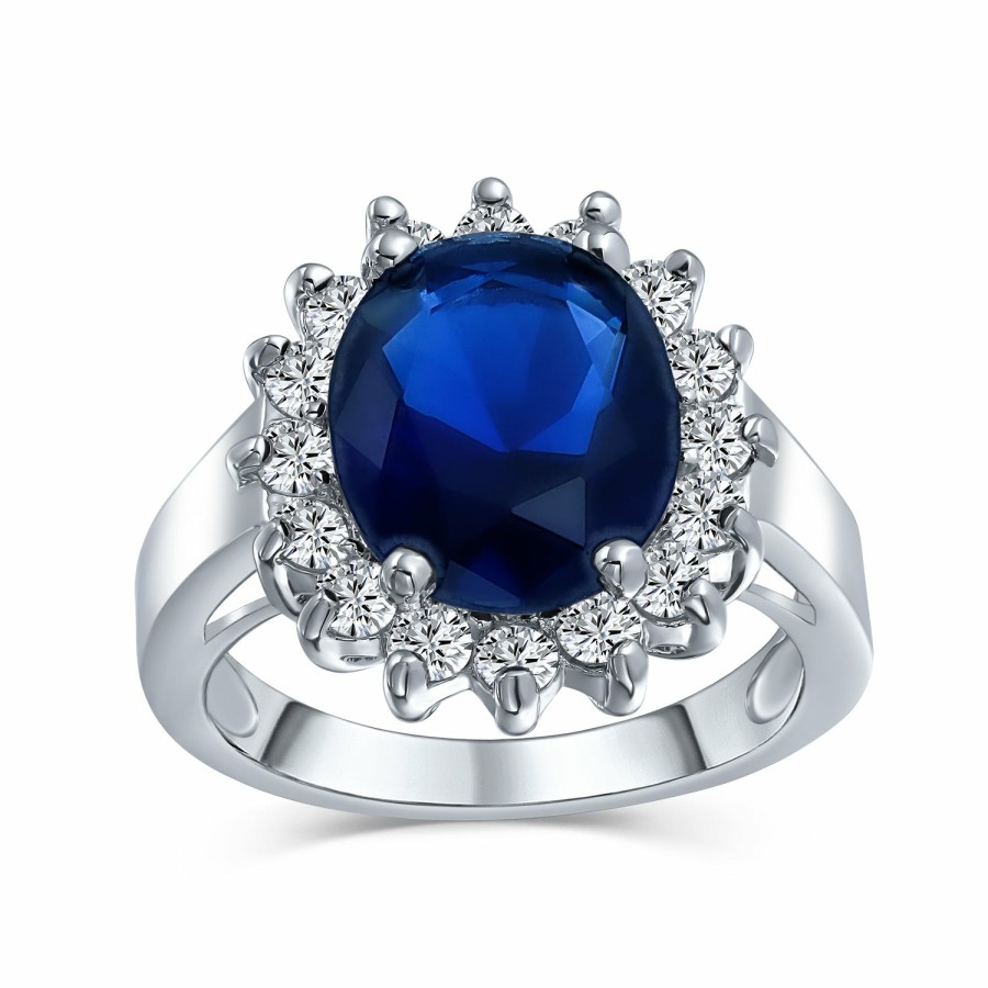 Shop Women Bling Jewelry Engravable Rings | 5Ct Blue Oval Imitation Sapphire Cz Engagement Ring Plated Silver