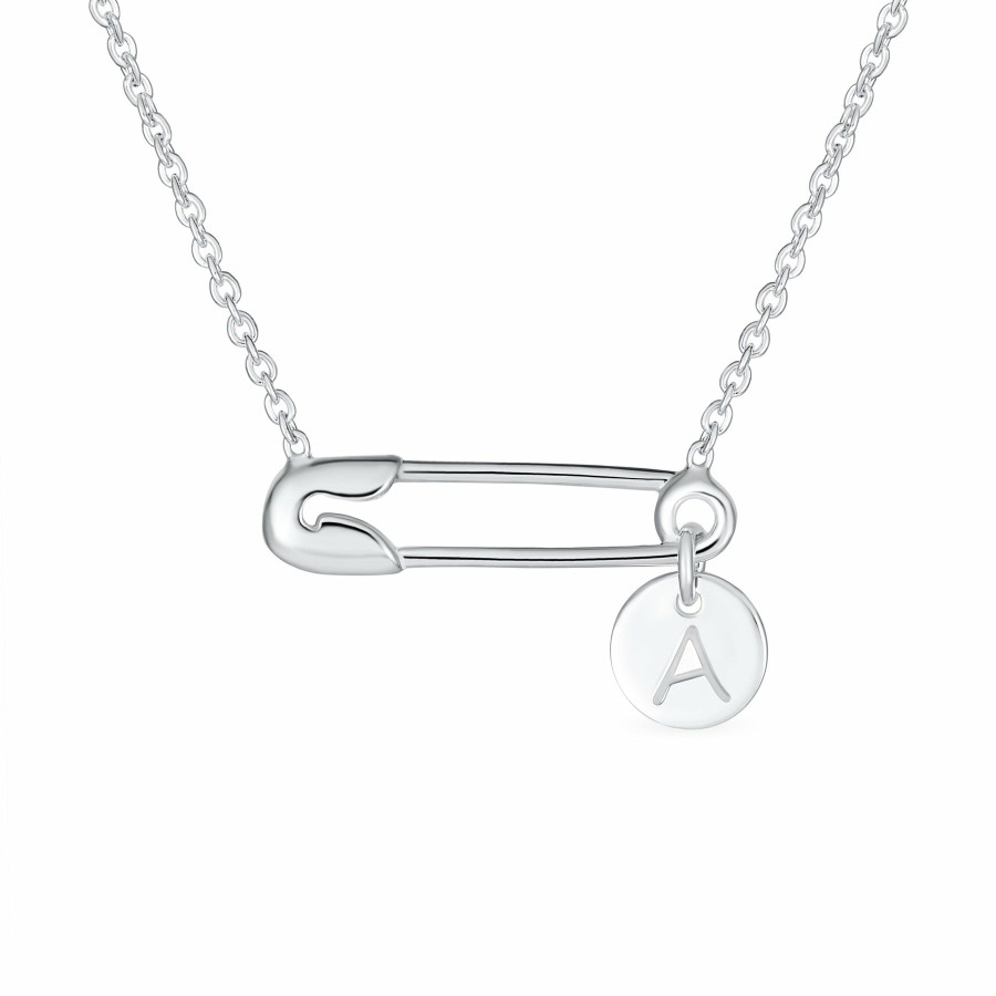 Shop Women Bling Jewelry Engravable Necklaces | Initial Sideways Safety Pin Circle Disc Necklace .925Sterling