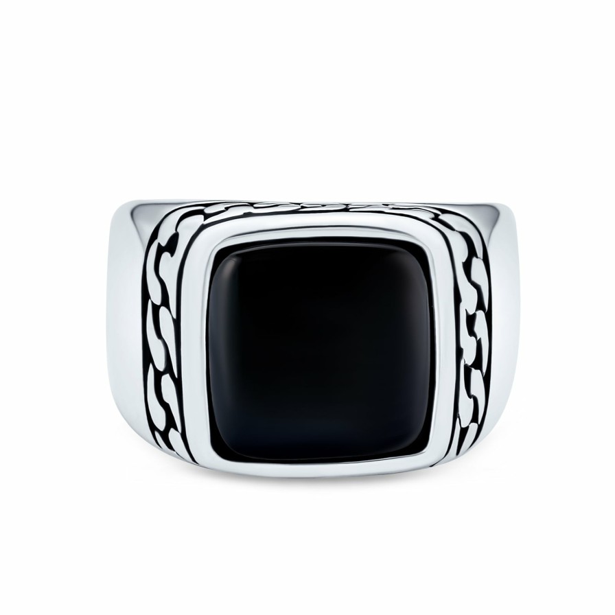 Shop Men Bling Jewelry Mens Rings | Mens Chain Link Accent Gemstone Statement Rectangle Signet Ring Silver Black Onyx