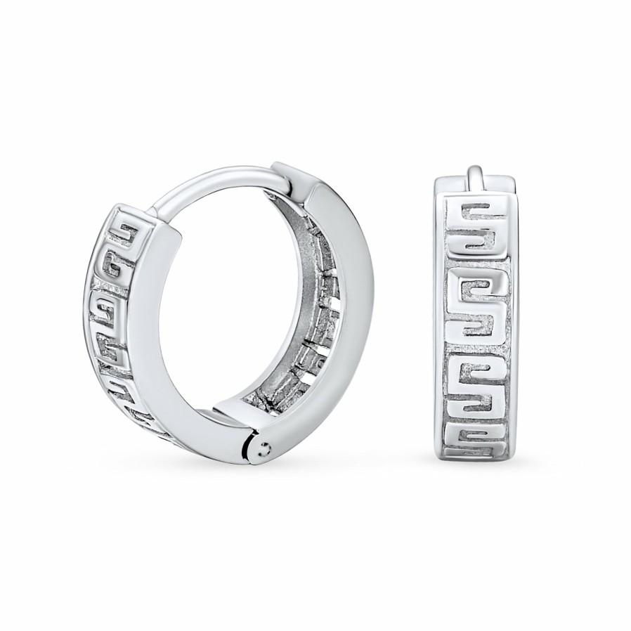 Shop Men Bling Jewelry Mens Earrings | Thin Greek Key Cutout Design Hoop Earrings .925 Sterling Silver