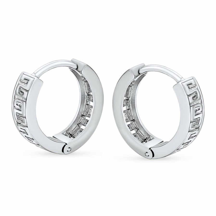 Shop Men Bling Jewelry Mens Earrings | Thin Greek Key Cutout Design Hoop Earrings .925 Sterling Silver