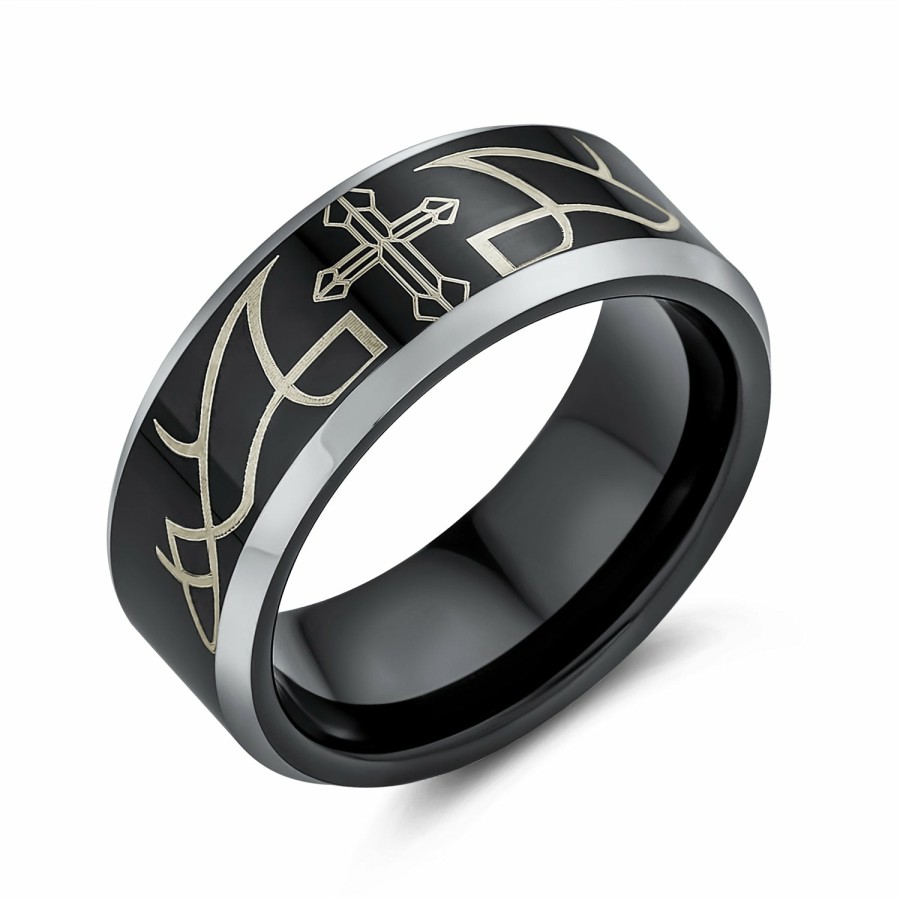 Shop Men Bling Jewelry Mens Rings | Laser Etched Catholic Christ Thorn Cross Band Titanium Rings 8Mm Black