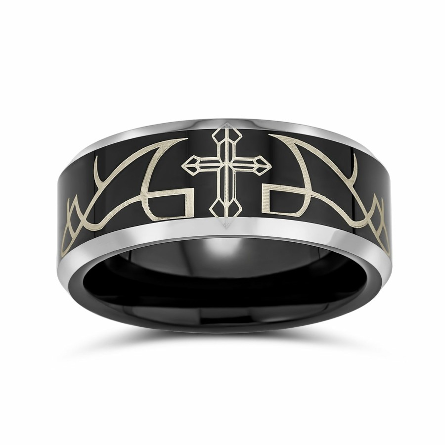 Shop Men Bling Jewelry Mens Rings | Laser Etched Catholic Christ Thorn Cross Band Titanium Rings 8Mm Black