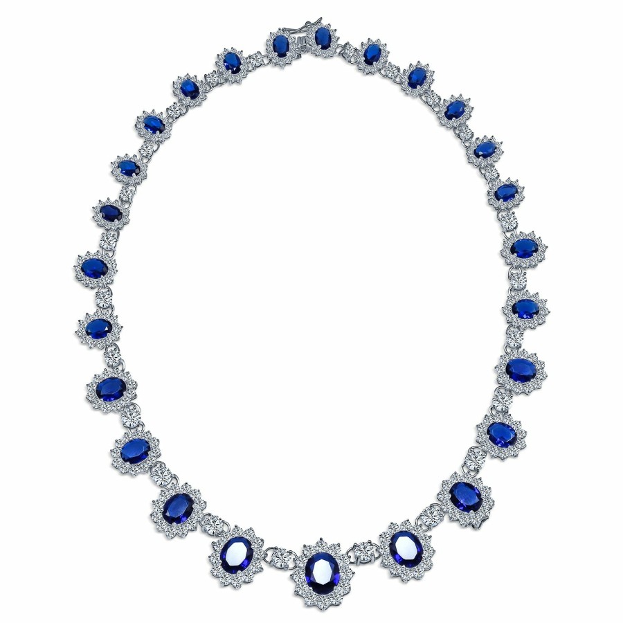 Shop Women Bling Jewelry Statement Necklaces | Bridal Halo Blue Sapphire Cz Statement Necklace Chandelier Earrings Jewelry Set