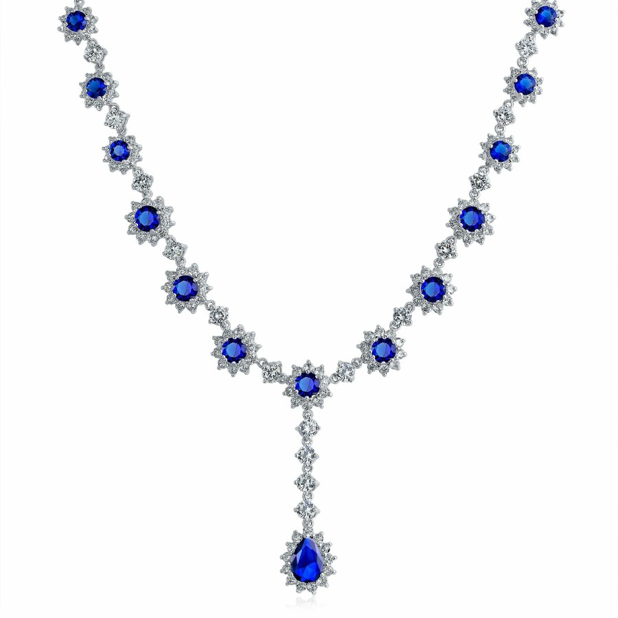 Shop Women Bling Jewelry Statement Necklaces | Bridal Halo Blue Sapphire Cz Statement Necklace Chandelier Earrings Jewelry Set