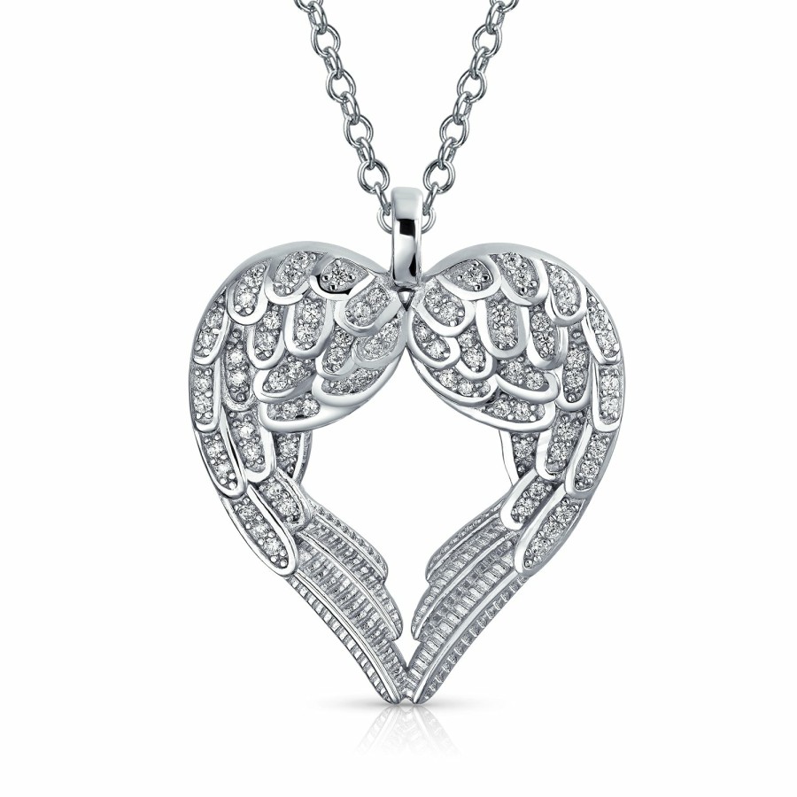 Shop Women Bling Jewelry Pendant Necklaces | Angel Wing Heart Cubic Zirconia .925 Sterling Silver Pendant Necklace