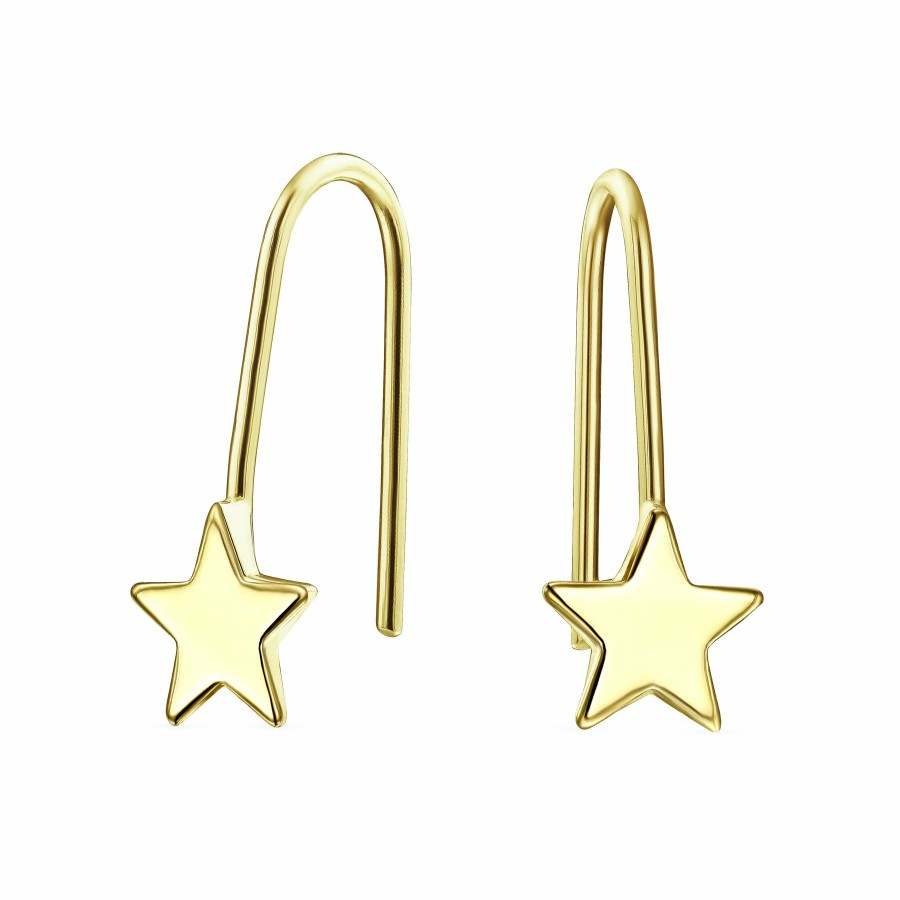 Shop Women Bling Jewelry Engravable Earrings | Celestial Patriotic Rock Star Threader Earrings Real 14K Yellow Gold