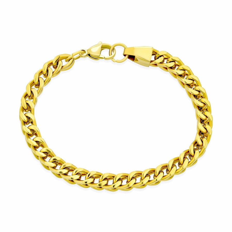 Shop Men Bling Jewelry Mens Engravable Bracelets | Men'S Heavy Curb Link Chain Bracelet Silver Gold Plated Stainless Steel 8-9 Inch