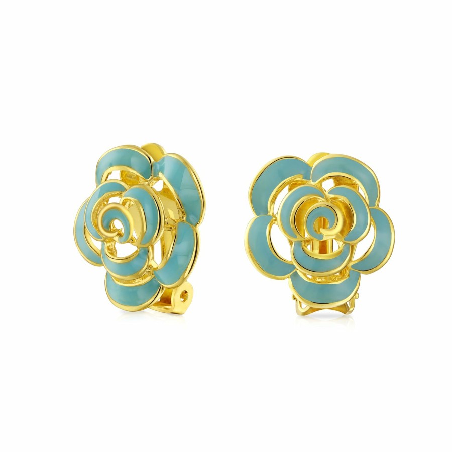 Shop Women Bling Jewelry Stud Earrings | Turquoise Blue Rose Flower Retro Clip On Earrings Gold Plated