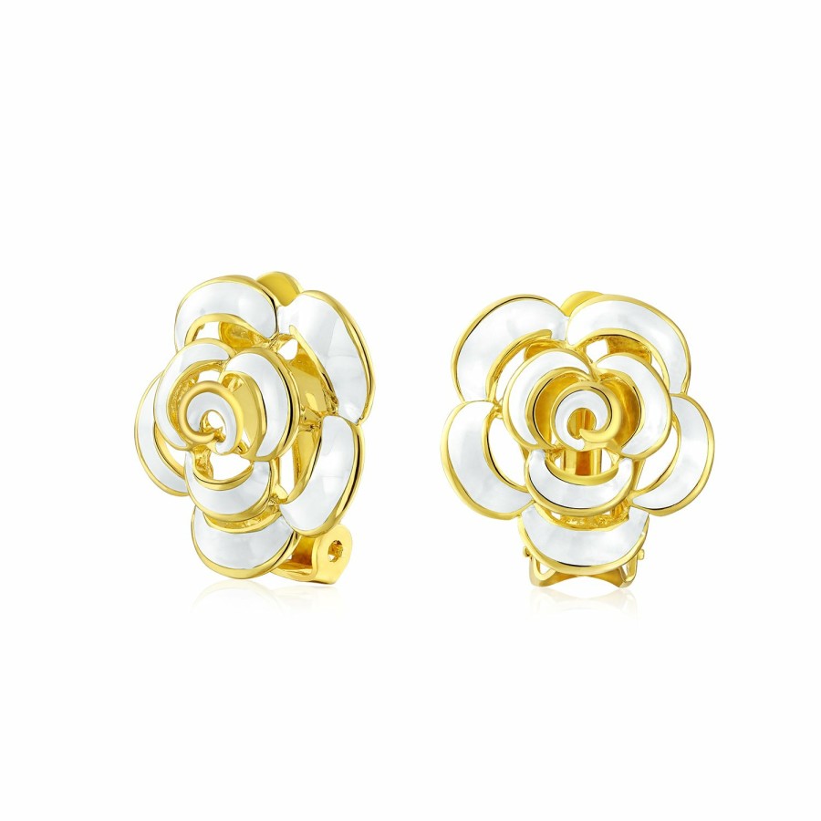 Shop Women Bling Jewelry Stud Earrings | Turquoise Blue Rose Flower Retro Clip On Earrings Gold Plated