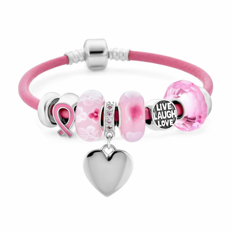 Shop Women Bling Jewelry Engravable Bracelets | Breast Cancer Ribbon Bead Charm Leather Bracelet .925 Silver